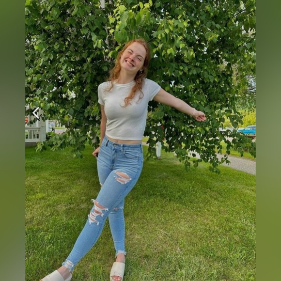 Women’s American Eagle Highest Rise Distressed Jeggings Medium Blue size 10 Long - Picture 2 of 7